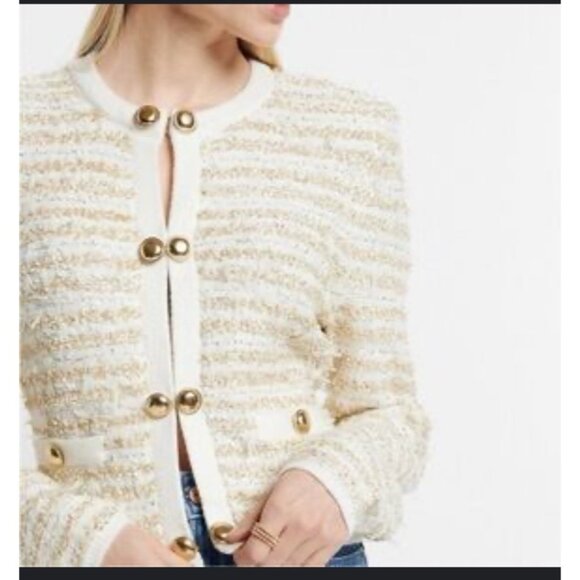 Gold Button Front Striped Bouclé Cardigan Sweater For Women - Express Size S Whi - Picture 3 of 13